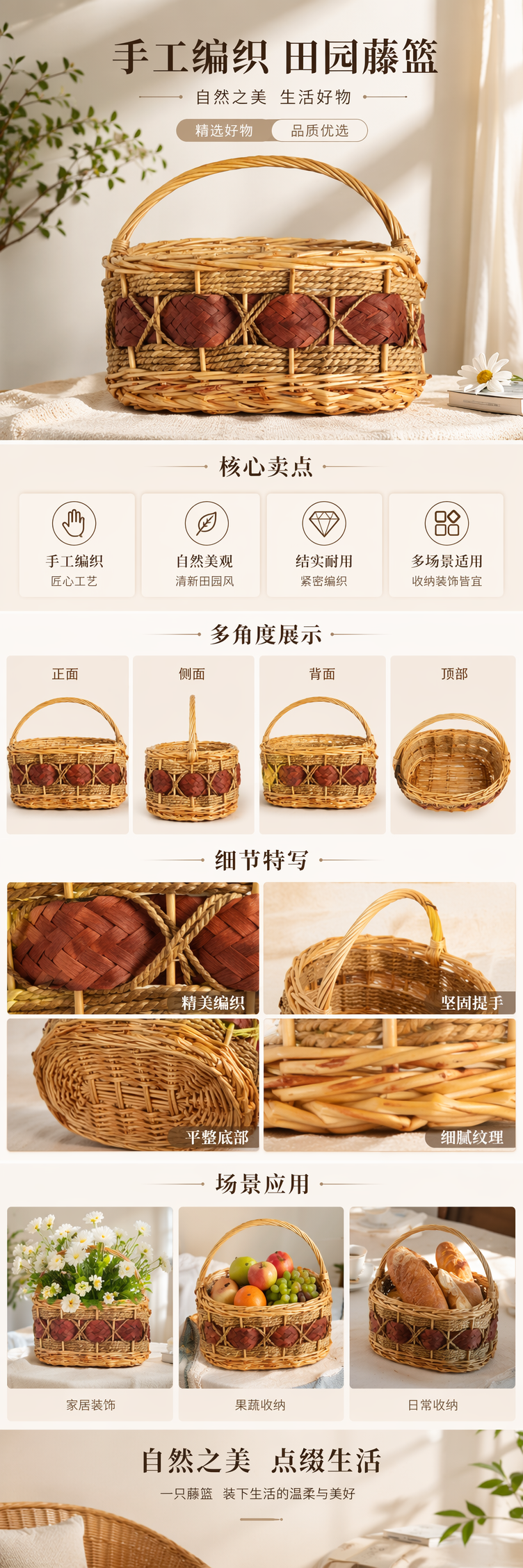 浅黄色藤编篮子带双提手红棕色编织装饰 pic 1