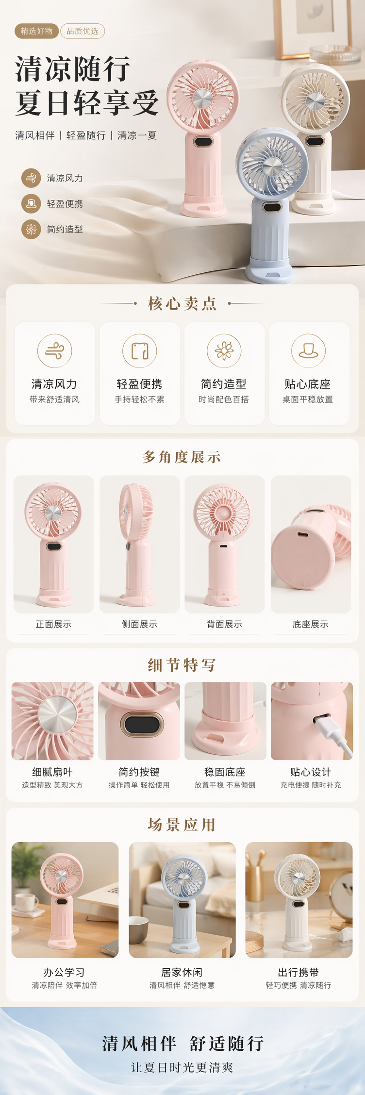简约USB迷你手持风扇 粉色白色蓝色便携小风扇 pic 1