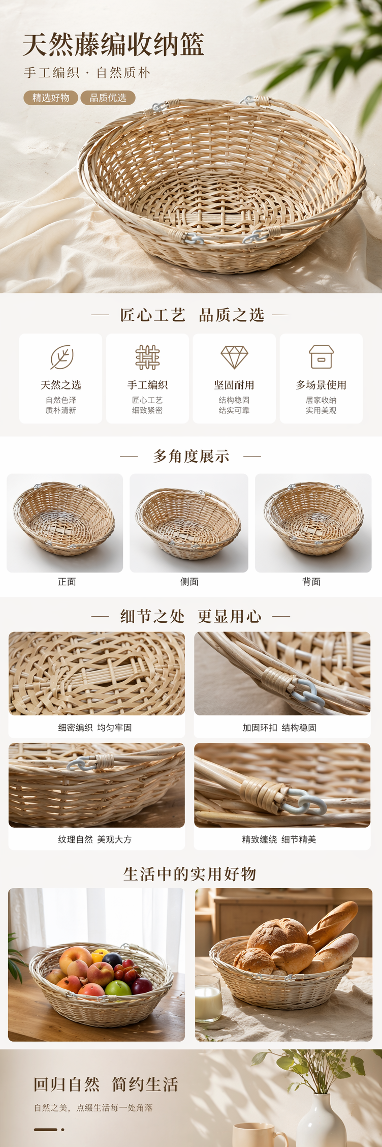 浅色藤编椭圆篮家用收纳篮客厅卧室装饰篮 pic 1