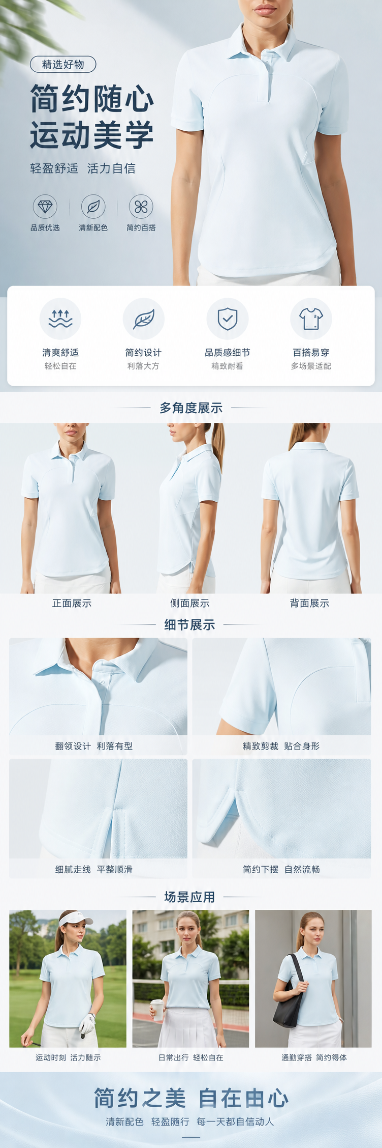 浅蓝色女士Polo衫纯棉短袖休闲上衣详情1