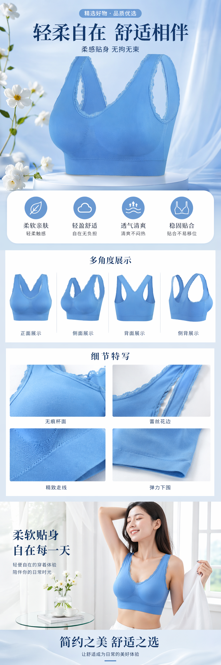蓝色蕾丝边无钢圈文胸运动内衣舒适透气聚拢调整款详情1