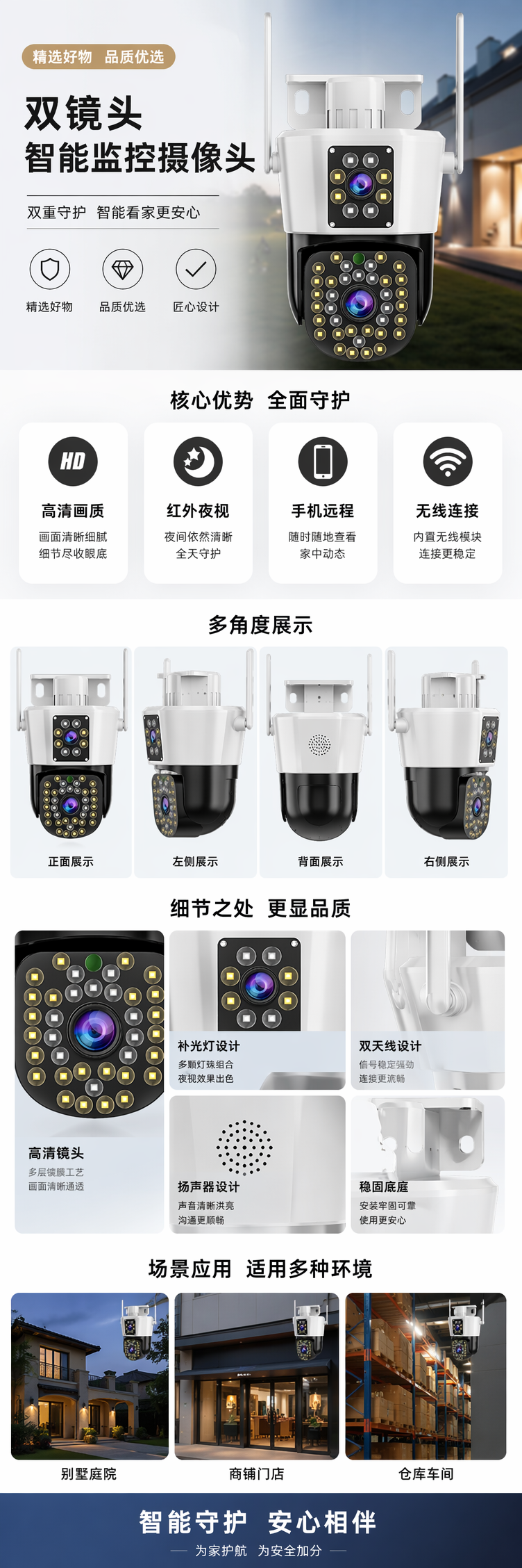 太阳能监控摄像机白色双镜头户外监控照明摄像头 pic 1
