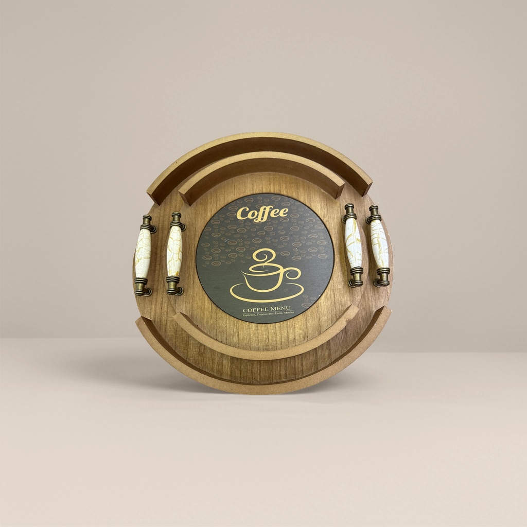 A wooden round tray with four white marble-patterned metal handles and a central coffee menu pad Specification image