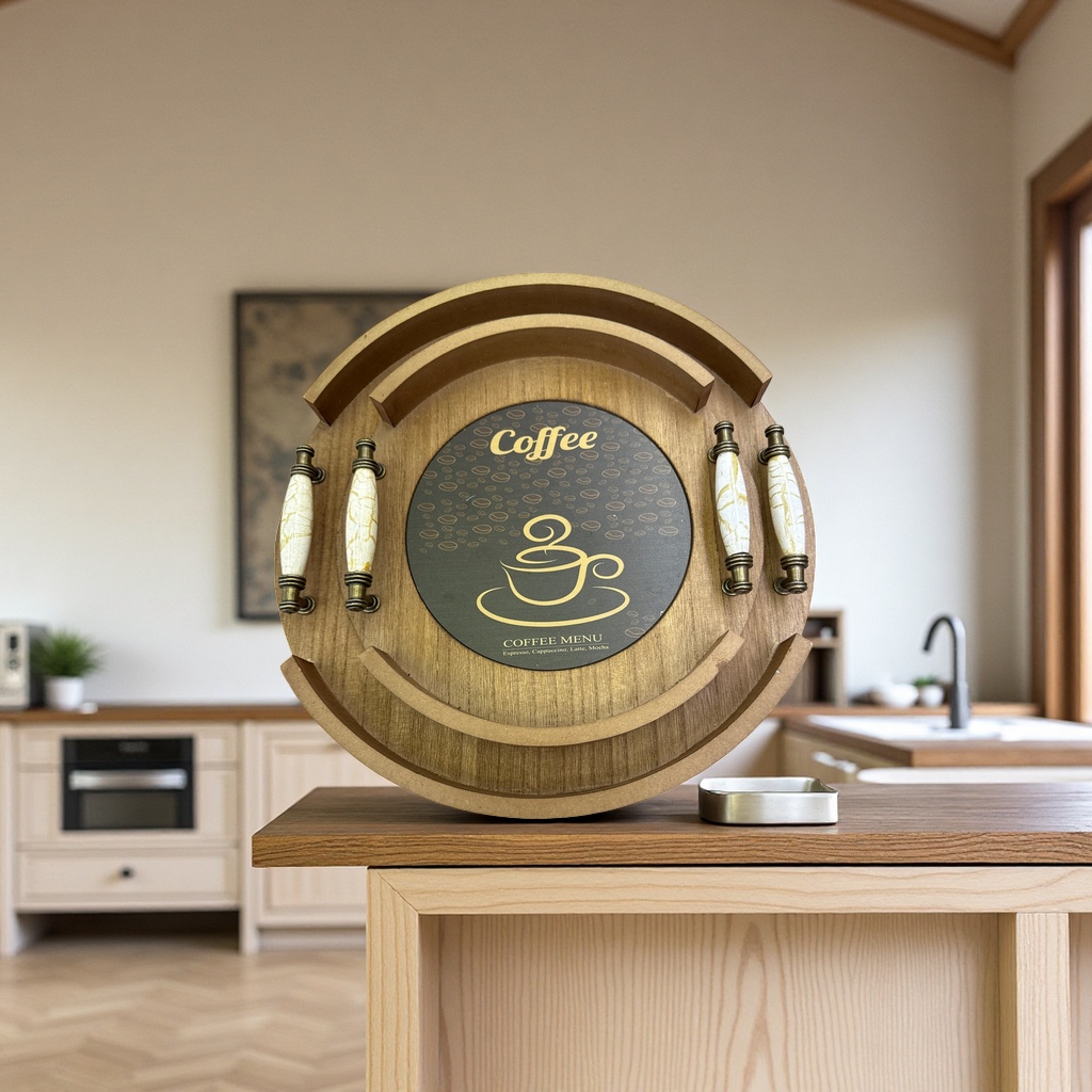 A wooden round tray with four white marble-patterned metal handles and a central coffee menu pad Application Scenario