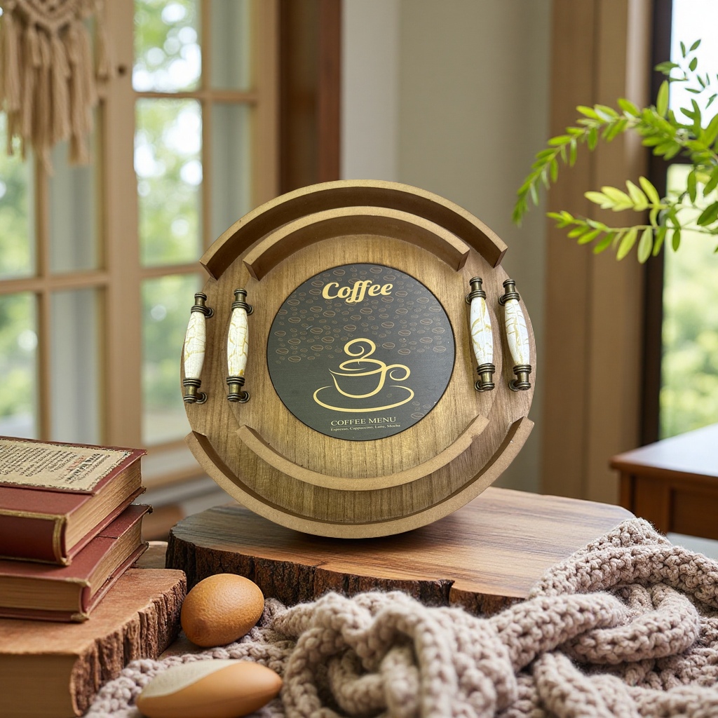 A wooden round tray with four white marble-patterned metal handles and a central coffee menu pad details Picture