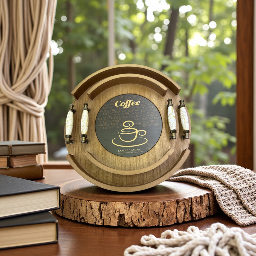 A wooden round tray with four white marble-patterned metal handles and a central coffee menu pad