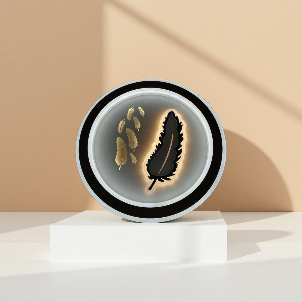 The circular lamp with black borders and white frames is decorated with golden feathers and features a black luminous feather shape details Picture
