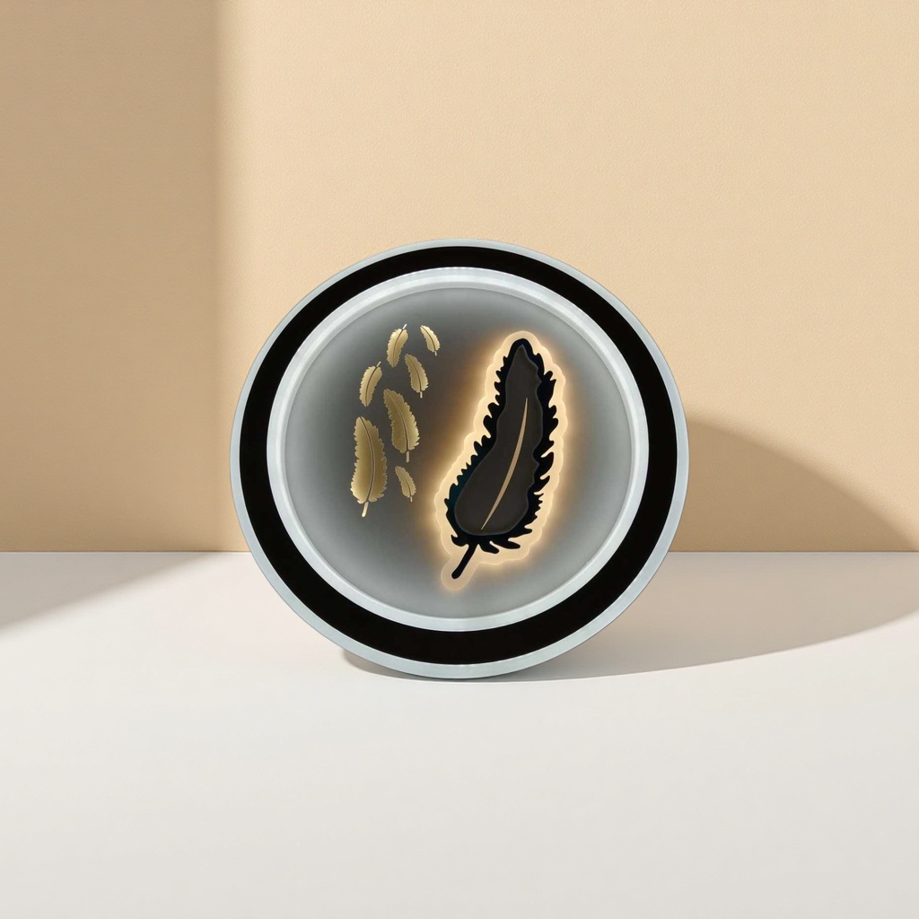 The circular lamp with black borders and white frames is decorated with golden feathers and features a black luminous feather shape Specification image