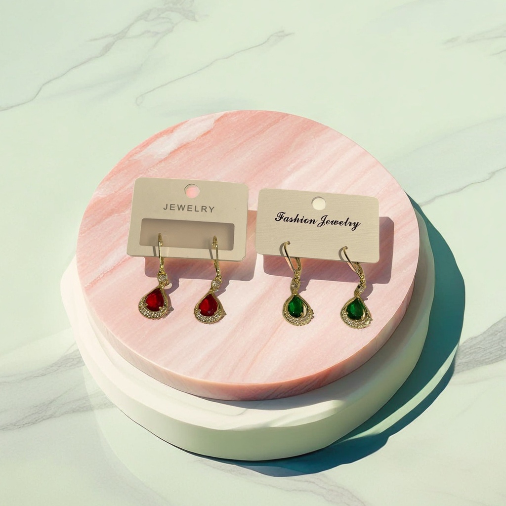 金色水滴形耳环 红绿宝石镶嵌 钻石边框 JEWELRY Fashion Jewelry