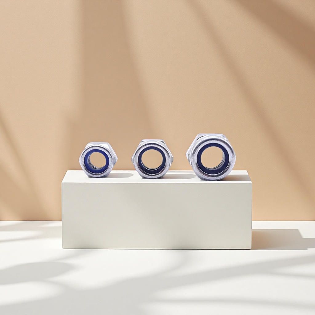 Silver hexagonal nuts with metal fasteners embedded with blue lock washers