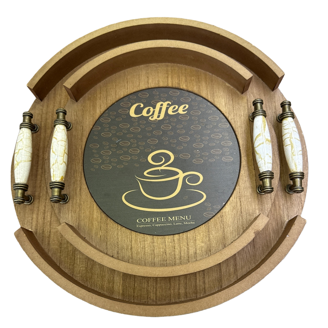 A wooden round tray with four white marble-patterned metal handles and a central coffee menu pad Item Picture