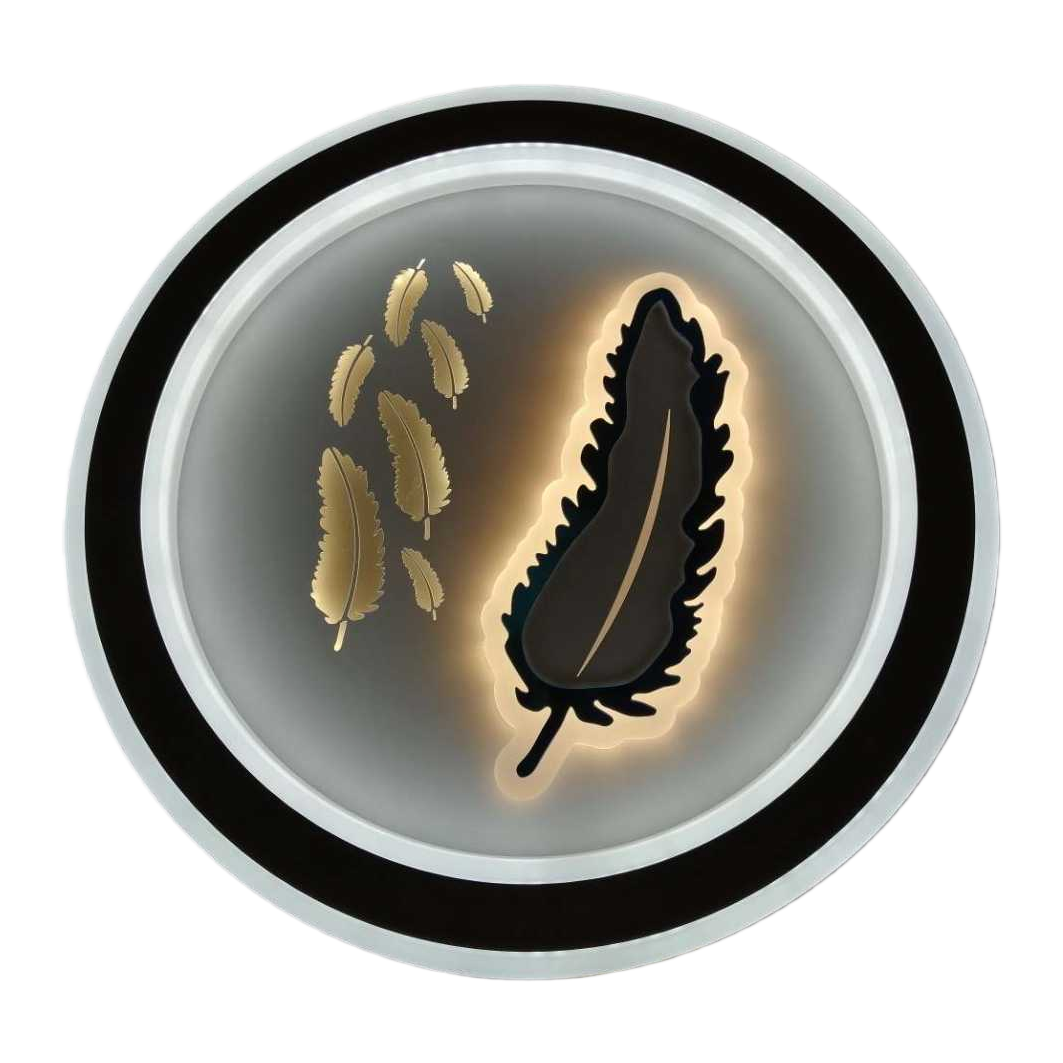 The circular lamp with black borders and white frames is decorated with golden feathers and features a black luminous feather shape Item Picture