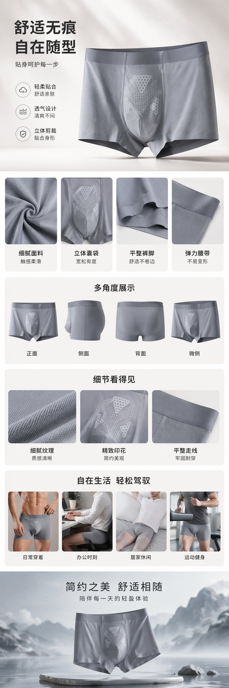 灰色纹理男士内裤纯棉透气舒适四角平角款详情1