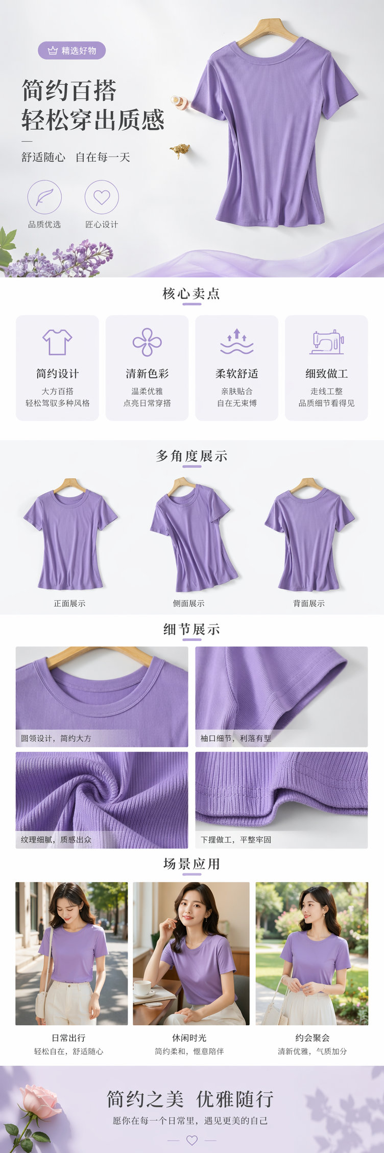 闭眼入天丝羊毛裸感纯色百搭后中缝薄款圆领短袖T恤修身打底衫女095441964 pic 1