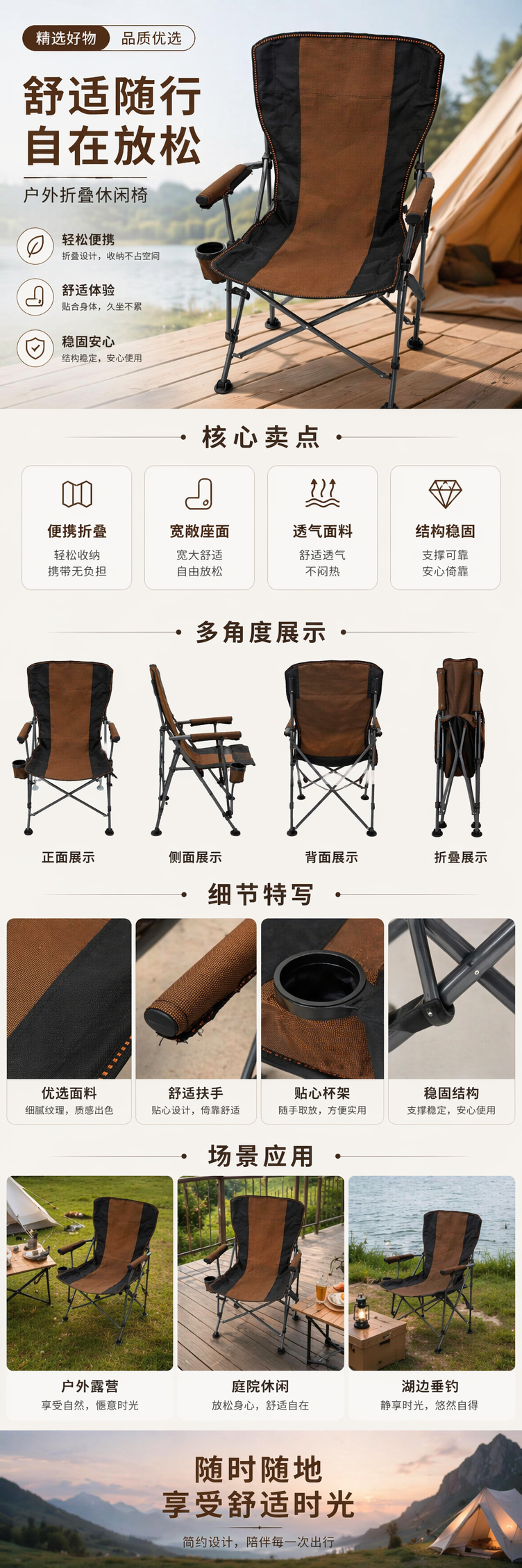 棕色黑色拼接折叠椅家用便携轻便收纳户外阳台小凳详情1