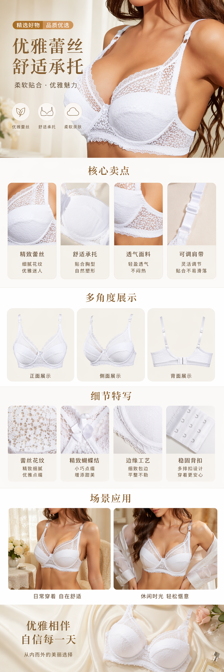 白色蕾丝文胸聚拢无钢圈舒适透气女士内衣详情1