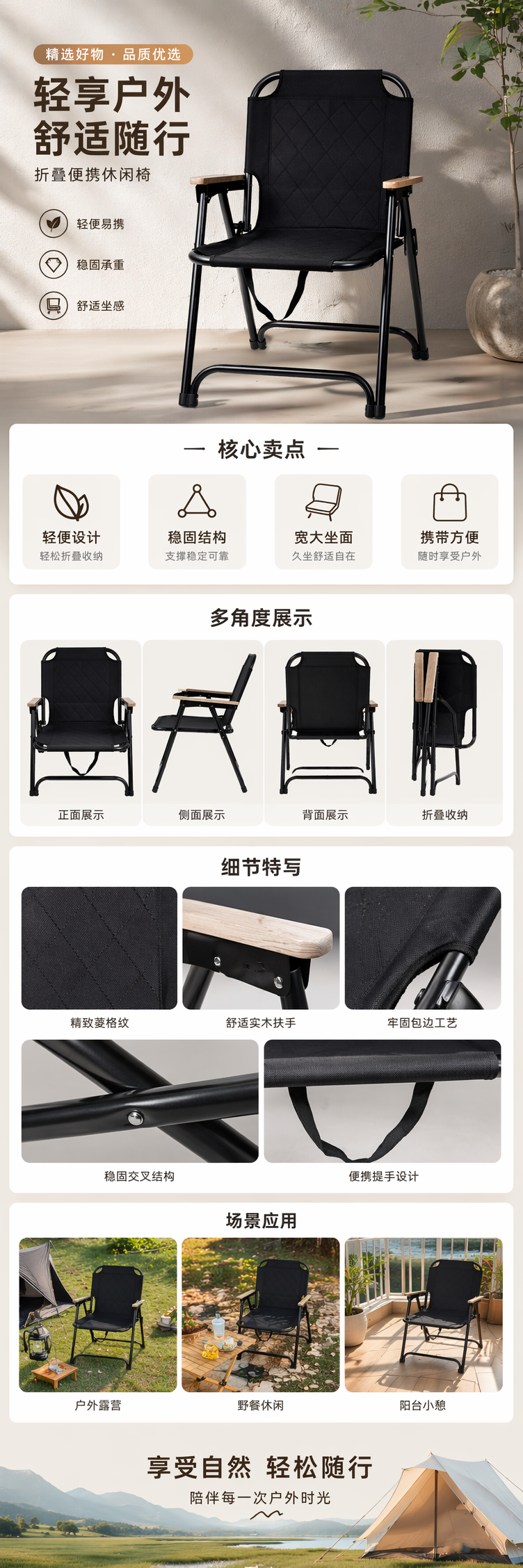 黑色折叠椅家用便携轻便户外露营椅可收纳详情1