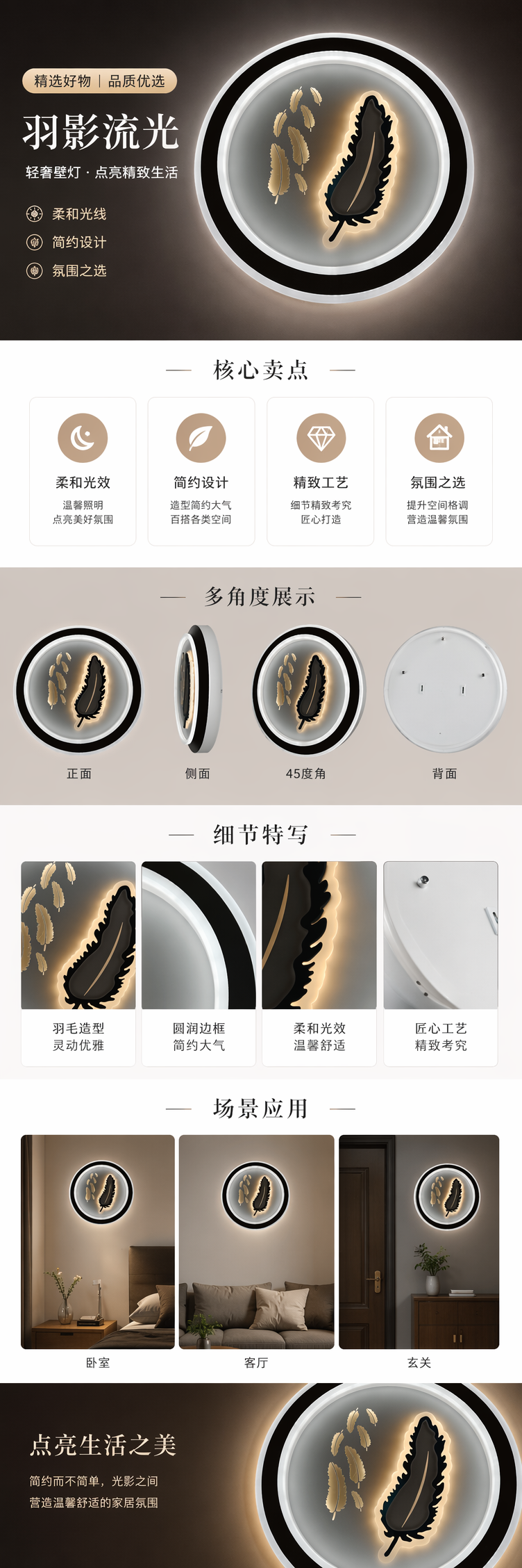 圆形灯饰 黑边白框 内嵌金色羽毛装饰 黑色发光羽毛造型详情1