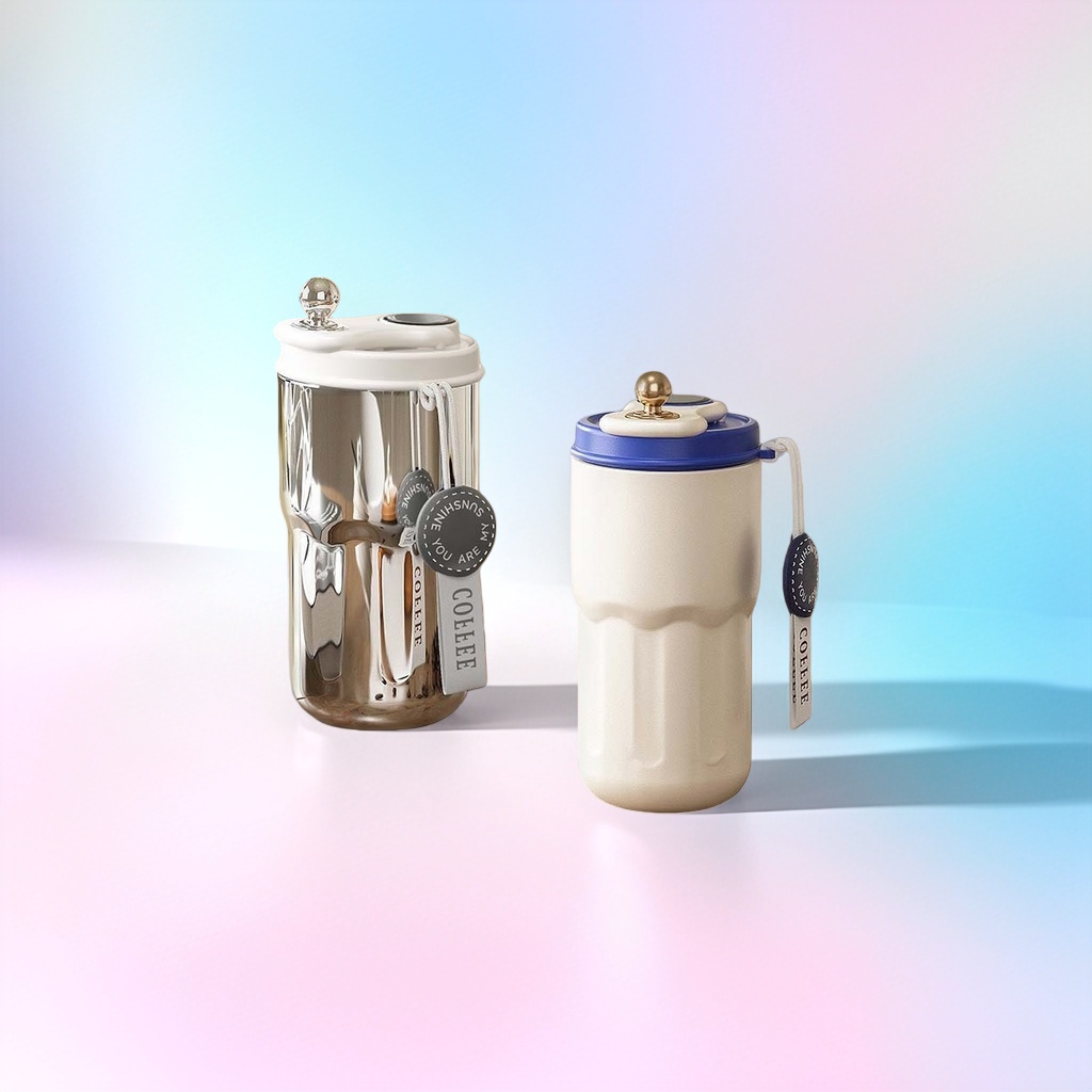 Silver metal insulated cup, beige blue lid insulated cup, 500ml, double-layer vacuum for cold and heat preservation