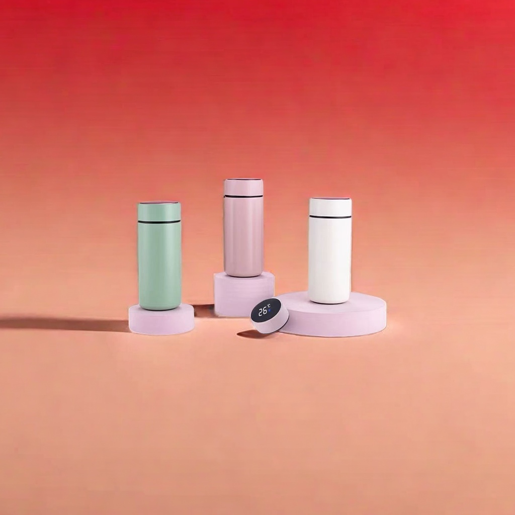 Green, pink and white insulated cups with smart temperature measurement rings, portable stainless steel for keeping warm and cold