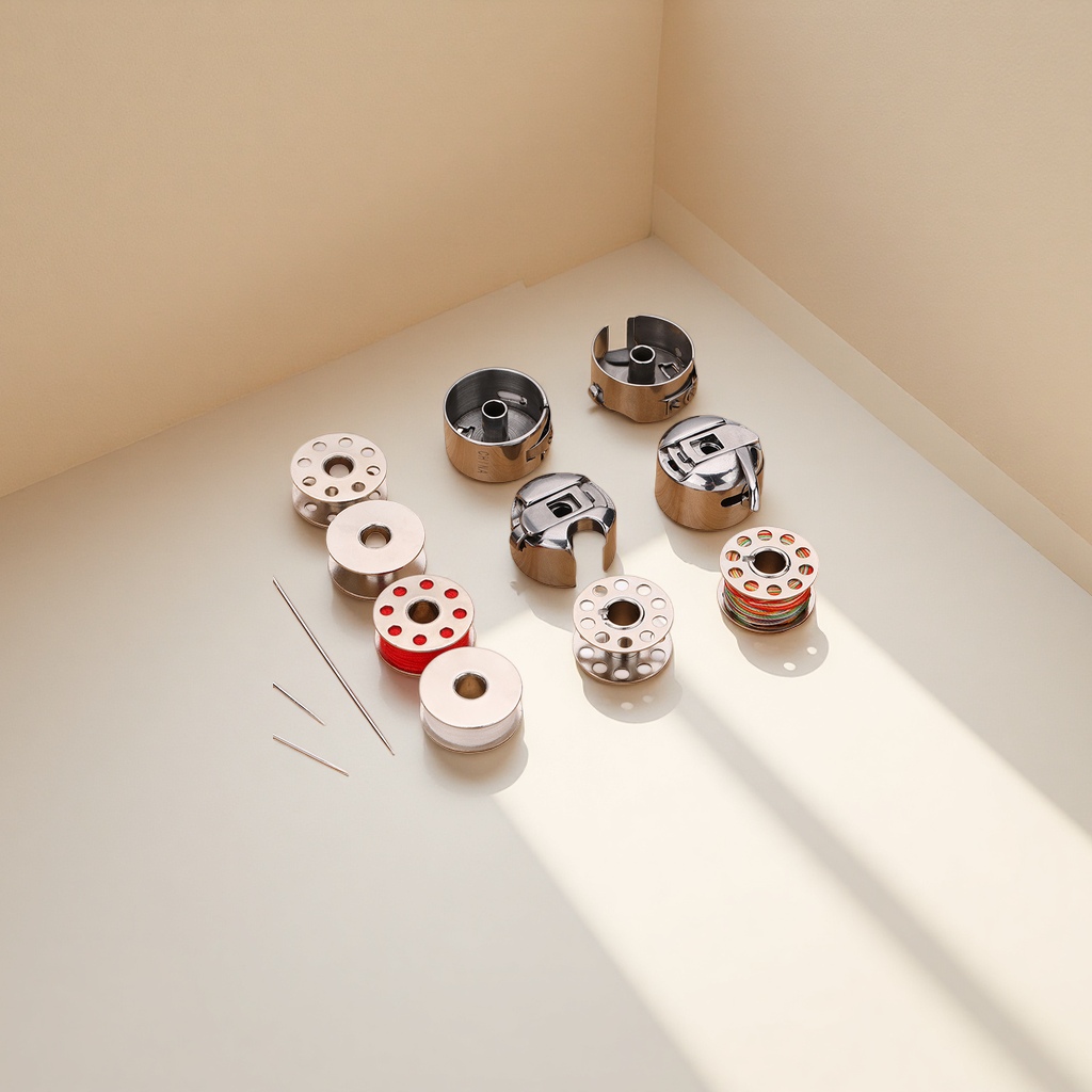 The metal sewing machine's shuttle core and shuttle case sleeve are assembled with a wooden tray Application Scenario