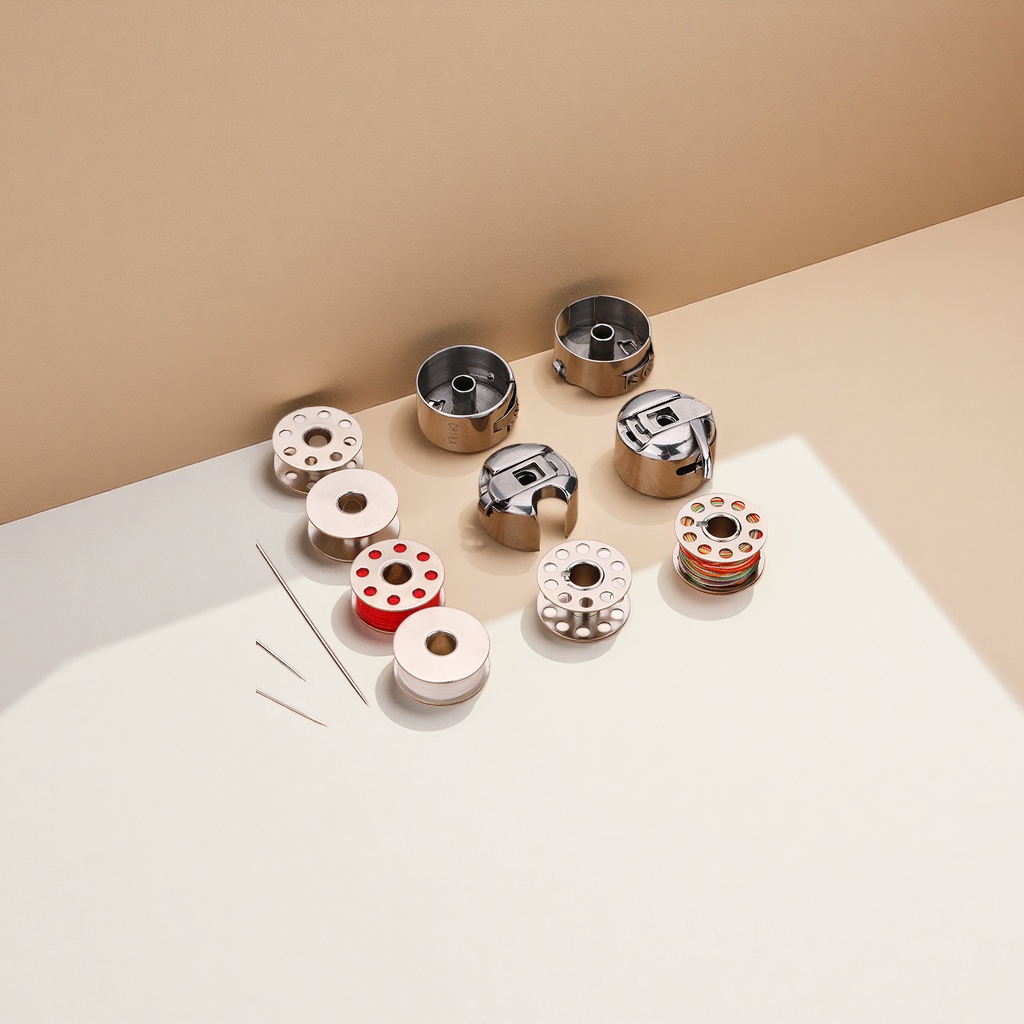 The metal sewing machine's shuttle core and shuttle case sleeve are assembled with a wooden tray