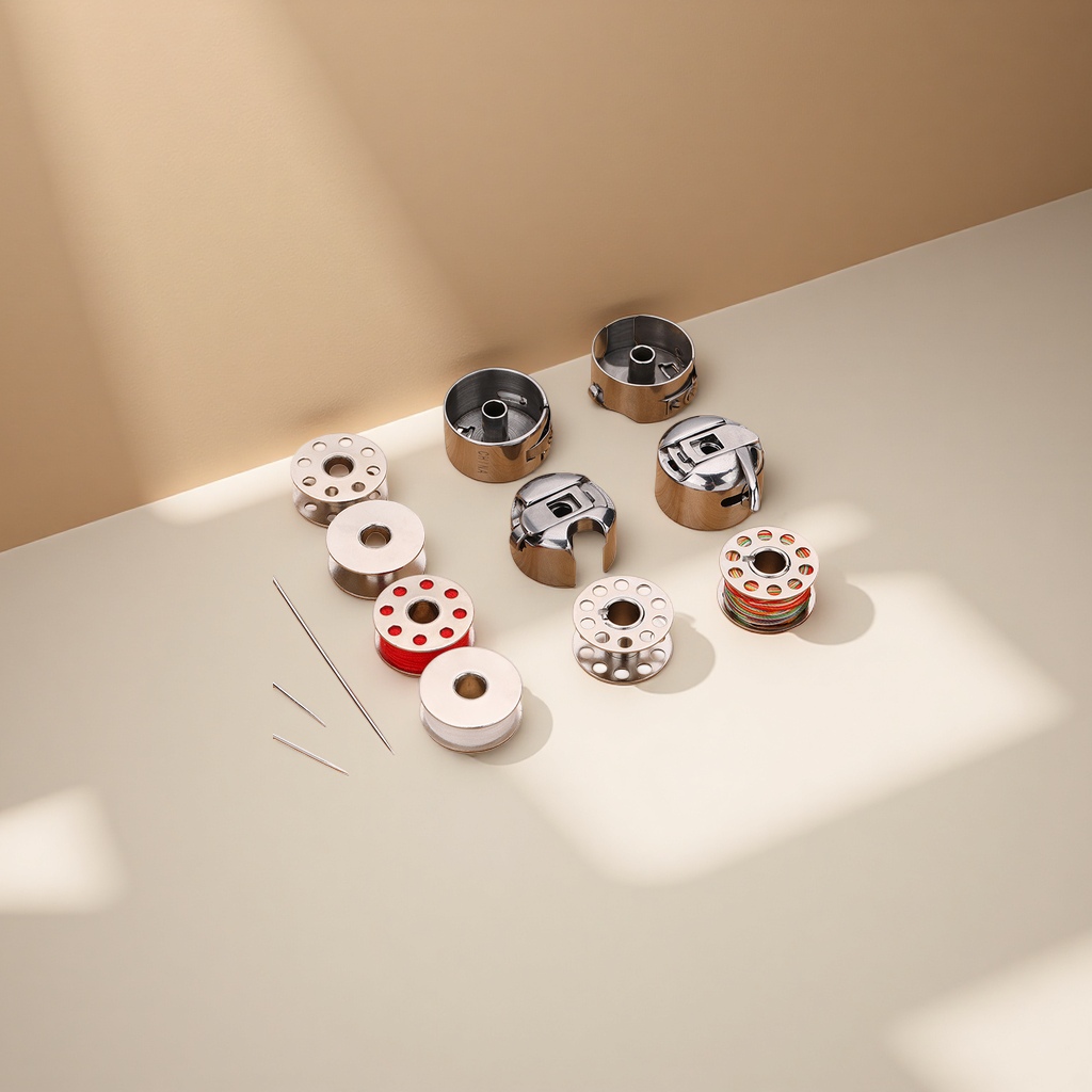 The metal sewing machine's shuttle core and shuttle case sleeve are assembled with a wooden tray Specification image