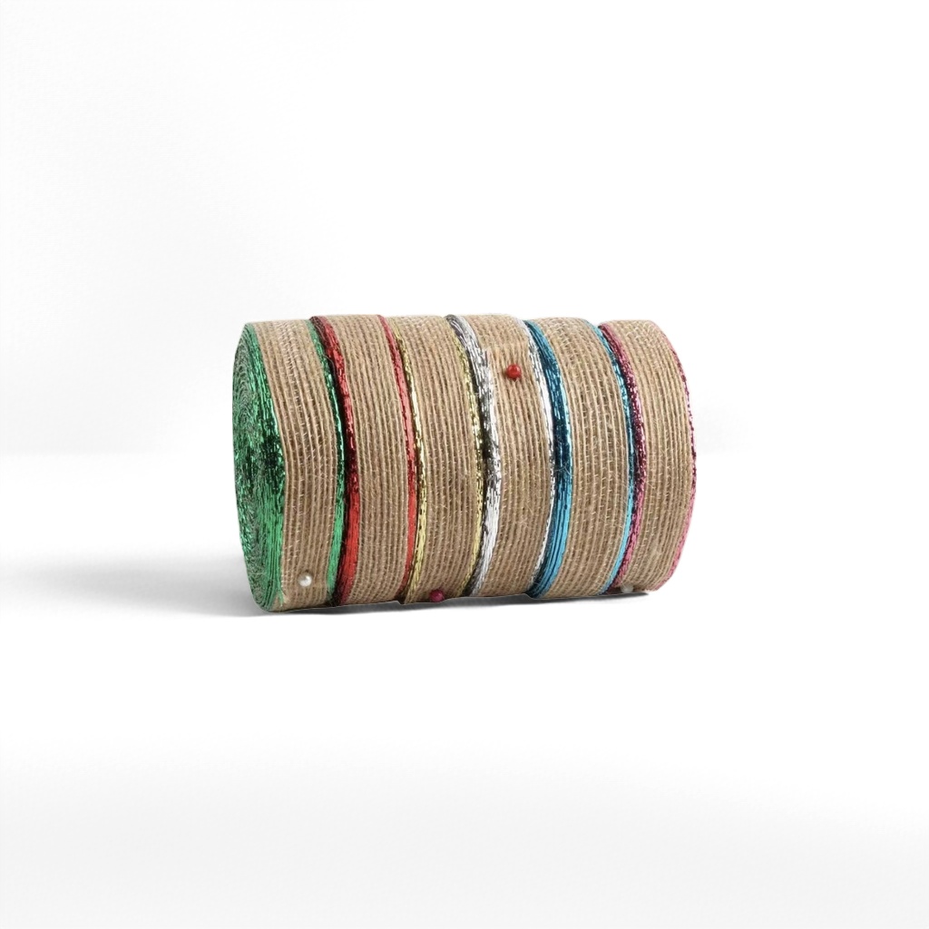 A natural linen winding tool for hand-woven decorative colored sequined linen rope rolls