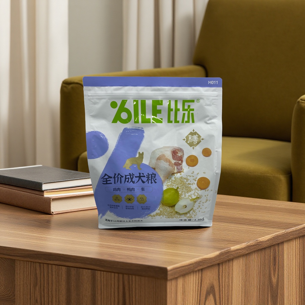 比乐全价成犬粮白色包装袋含鸡肉鸭肉梨1.8kg