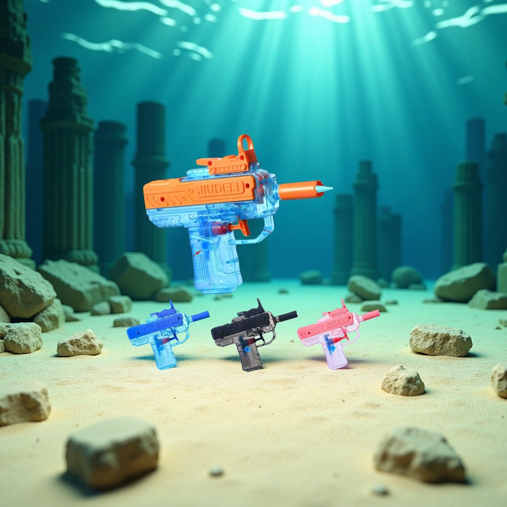 Transparent blue and orange water gun toys for children's summer water play. The water spray gun has adjustable range Application Scenario
