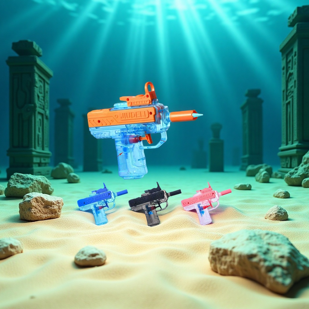 Transparent blue and orange water gun toys for children's summer water play. The water spray gun has adjustable range Specification image
