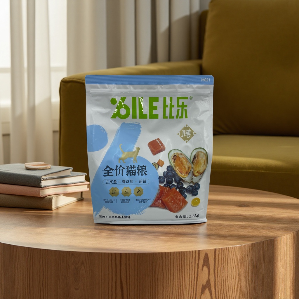 比乐全价猫粮三文鱼青口贝蓝莓配方1.8kg白色蓝色包装袋