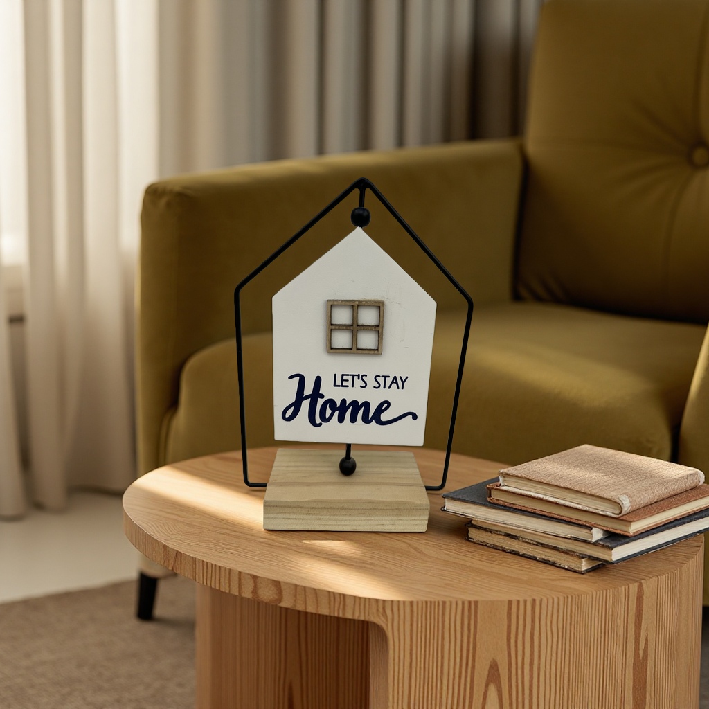 白色房屋造型摆件 黑色金属框架木质底座 LETS STAY Home小窗装饰