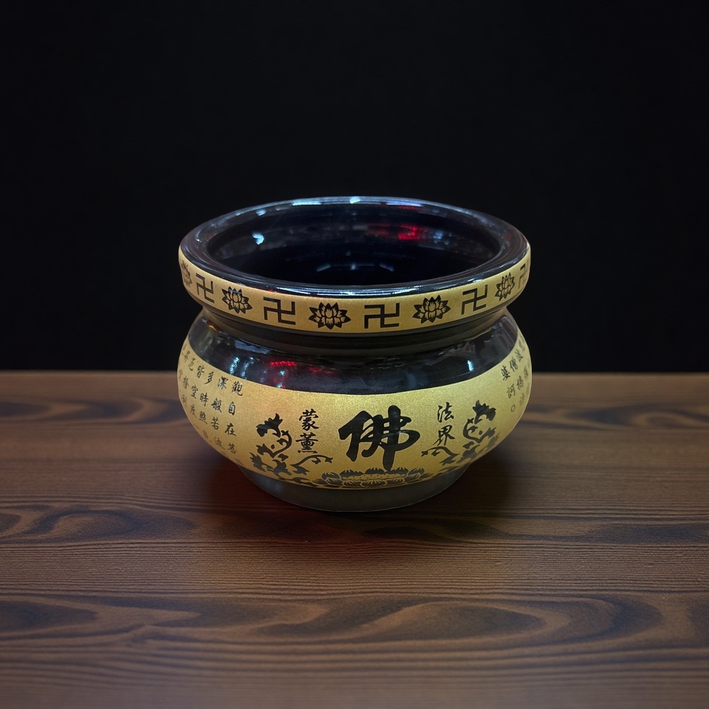 黑色香炉金色装饰带佛字经文莲花卍字符木质桌面神像背景