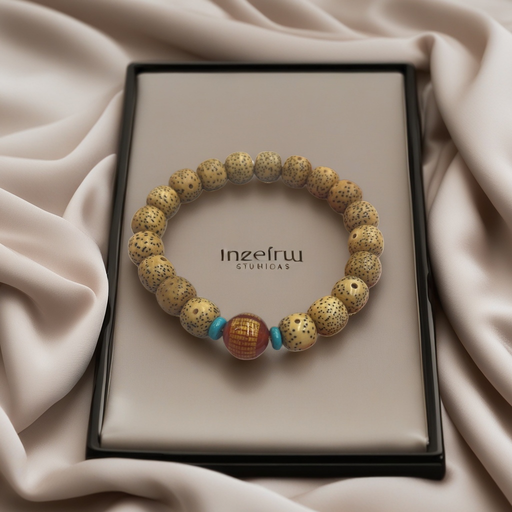 The yellowish-brown spotted Bodhi bead bracelet is decorated with red and blue beads