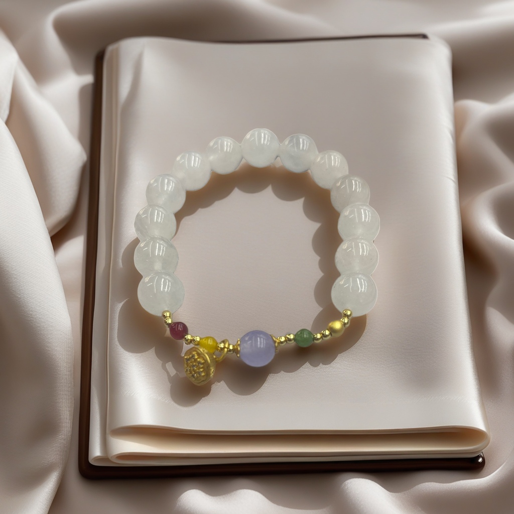 A white beaded bracelet decorated with small purple, green, red and gold beads and a gold pendant Specification image