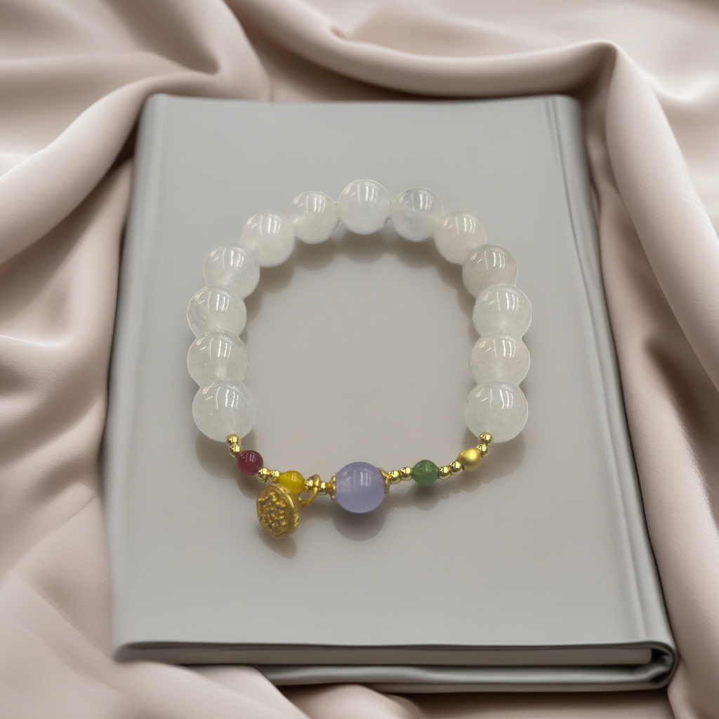 A white beaded bracelet decorated with small purple, green, red and gold beads and a gold pendant Application Scenario