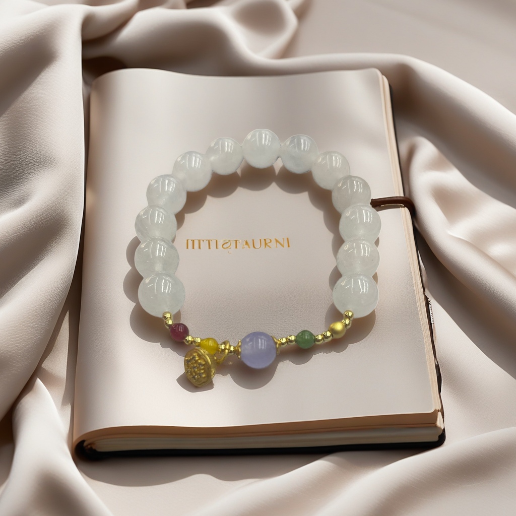 A white beaded bracelet decorated with small purple, green, red and gold beads and a gold pendant details Picture