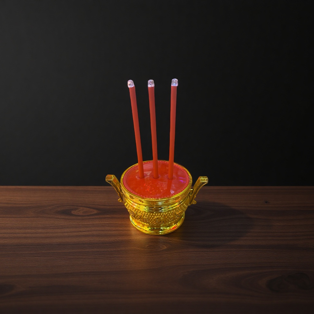 A set of golden incense burner with three red incense sticks for household sacrificial and Buddhist offerings Specification image