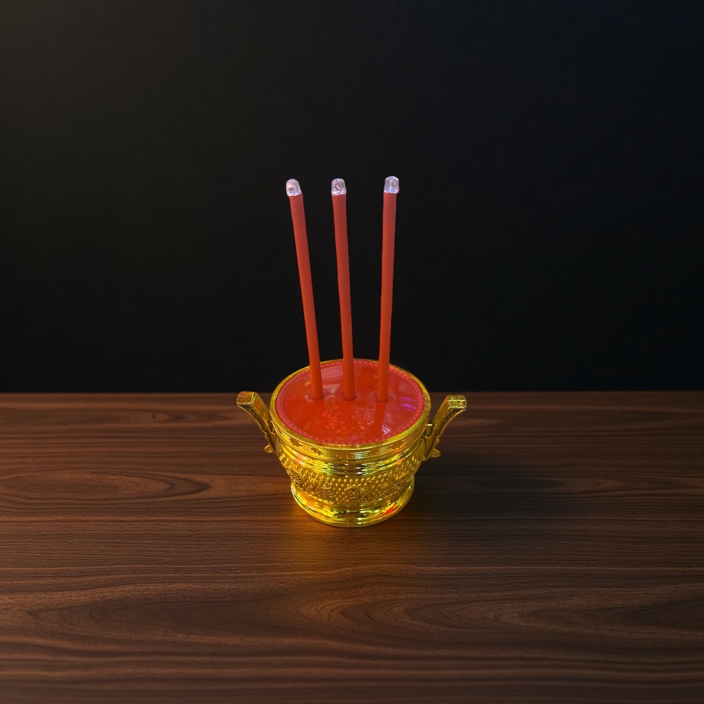 A set of golden incense burner with three red incense sticks for household sacrificial and Buddhist offerings Application Scenario