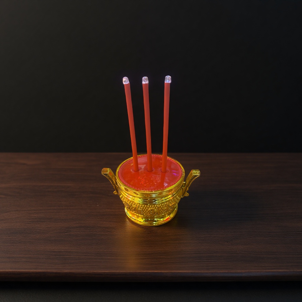 A set of golden incense burner with three red incense sticks for household sacrificial and Buddhist offerings details Picture