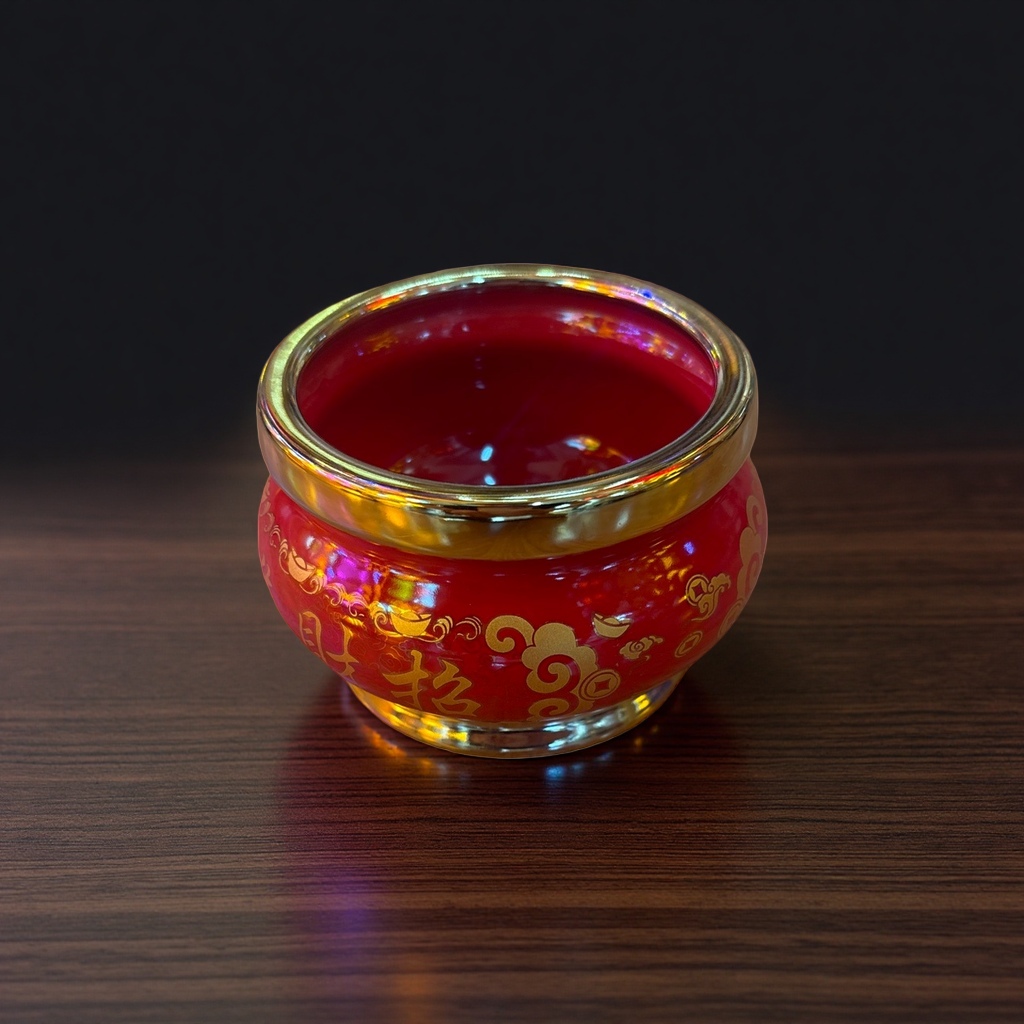 Red gold-rimmed incense burner, a copper household Buddha offering ornament, a traditional Chinese handicraft Application Scenario