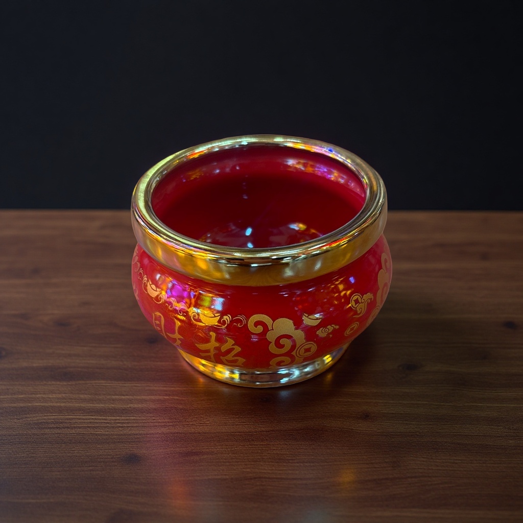 Red gold-rimmed incense burner, a copper household Buddha offering ornament, a traditional Chinese handicraft Specification image