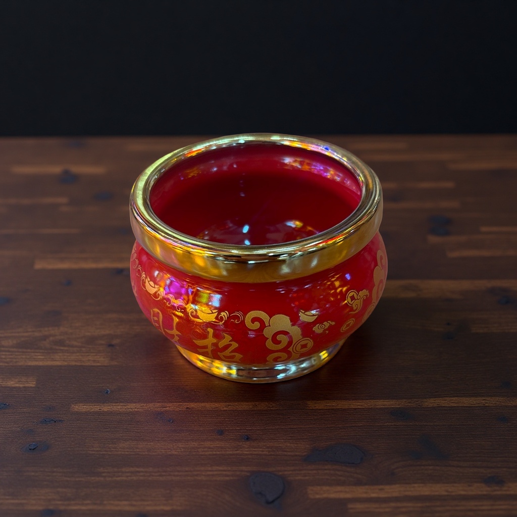 Red gold-rimmed incense burner, a copper household Buddha offering ornament, a traditional Chinese handicraft details Picture