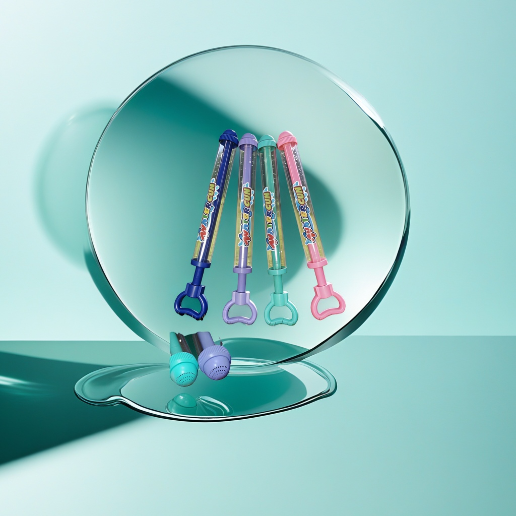 Four colored water gun toys in blue, purple, green and pink, transparent tube with cover, handle and D-shaped grip Application Scenario