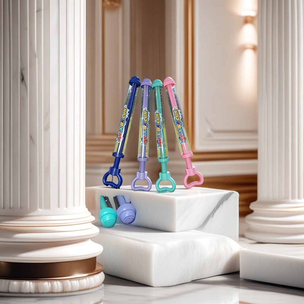 Four colored water gun toys in blue, purple, green and pink, transparent tube with cover, handle and D-shaped grip details Picture
