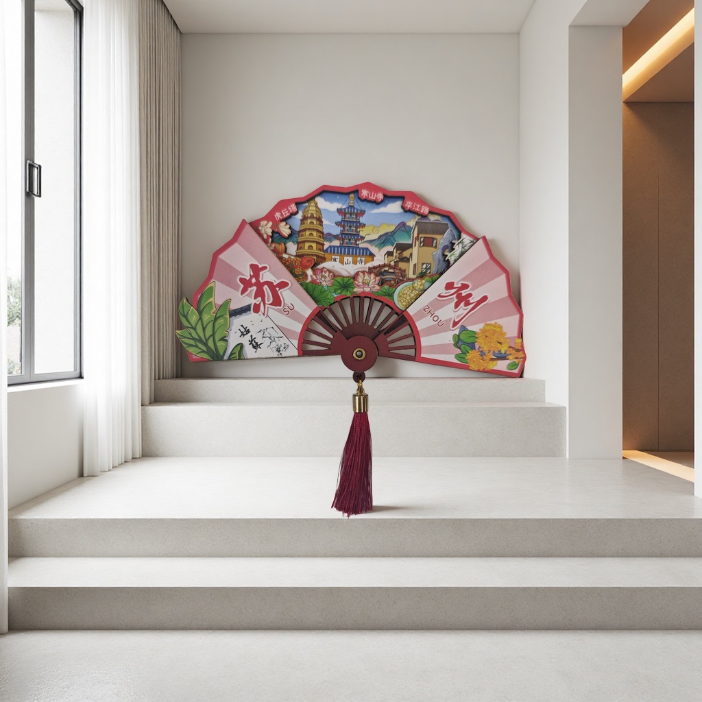 国潮-苏州特色红色扇形装饰品 折扇造型 虎丘塔寒山寺平江路莲花桂花金鱼苏 州 SU ZHOU