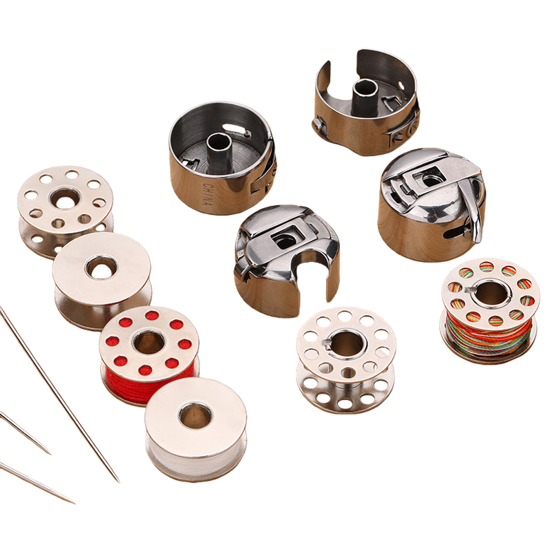 The metal sewing machine's shuttle core and shuttle case sleeve are assembled with a wooden tray Item Picture