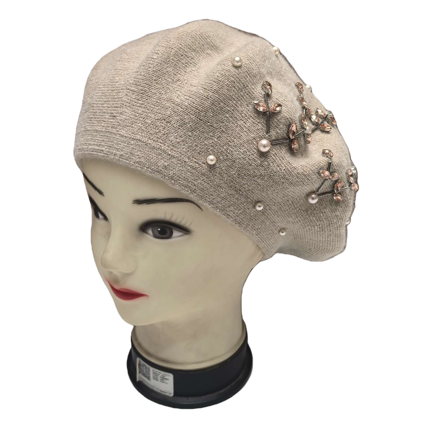 Beige knitted beret, pearl rose gold water diamond leaf-shaped decoration, Korean version autumn and winter rabbit fur hat, women's winter high-end fashion, handcrafted diamond beret, versatile and warm knitted woolen hat Item Picture