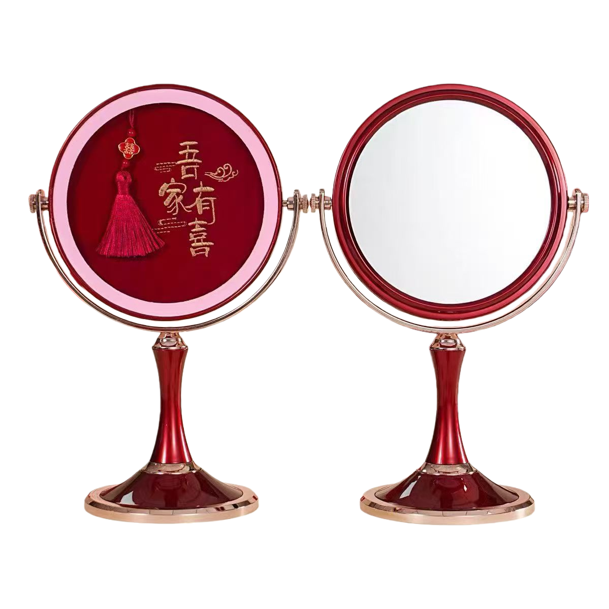 Red double-sided circular wedding mirror, home decorative mirror, auspicious and joyous wedding gift